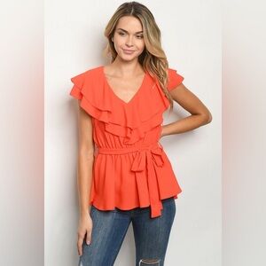 $15 Women's Ruffled V-Neck Top - Orange